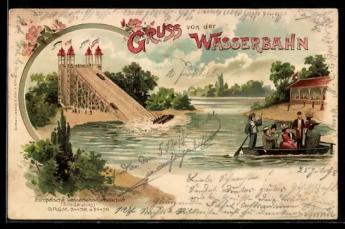 Lithographie München, II. Kraft- und Arbeitsmaschinen-Ausstellung 1898, Wasserbahn und Gondelfahrt