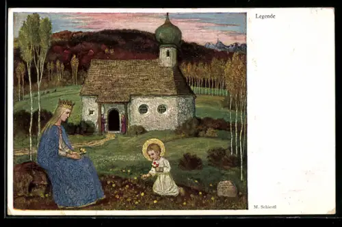 Künstler-AK Matthäus Schiestl: Legende, Christkind vor Kirche
