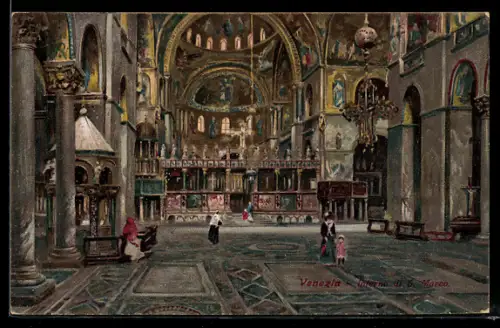 Künstler-AK Venezia, Interno di S. Marco, Leute in der Kirche