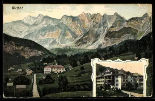 AK Rietbad, Totalansicht mit Gasthaus und Bergmassiv