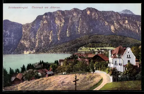 AK Unterach a. Attersee, Partie am See mit Bergen