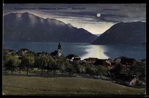 AK Unterach am Attersee, Blick zum Ort bei Mondnacht