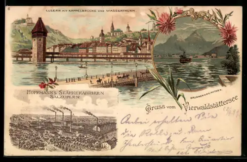 Lithographie Luzern, Ortsansicht mit Kappelbrücke & Wasserthurm, Brunnen & die Mythen