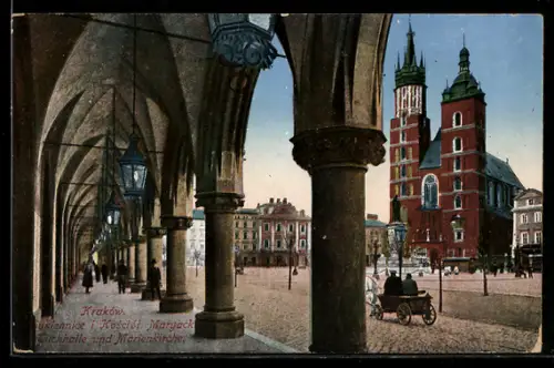 AK Krakau-Krakow, Tuchhalle und Marienkirche mit Leuten, Sukiennice i Kosciot Maryacka