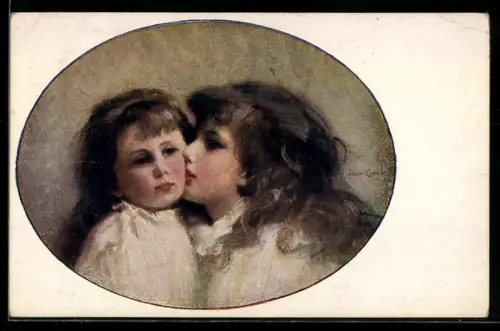 Künstler-AK sign. Anna Cramer: Die Schwestern, Les soeurs, The sisters, Mädchen küsst ihre Schwester auf die Wange