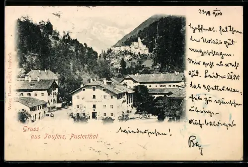 AK Sand in Taufers /Pusterthal, Teilansicht mit Gasthaus und Schloss