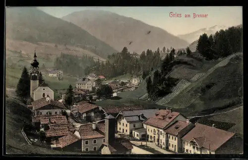 AK Gries am Brenner, Totalansicht mit Kirche und Gebirge