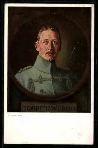 Künstler-AK H. Ulmer: Kronprinz Wilhelm von Preussen in Husaren-Uniform, Text