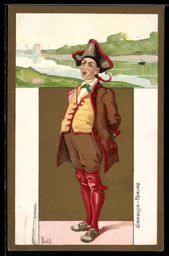 Künstler-AK sign. Bertelli: Mann mit Dreispitz und Händen hinter dem Rücken, dazu eine Flusspartie