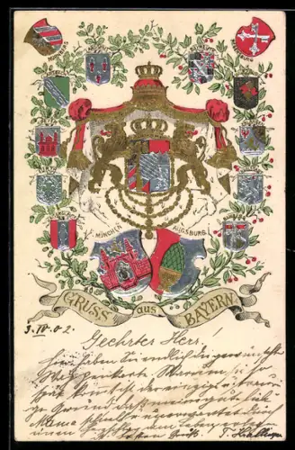 AK Wappen bayerische Städte Ansbach, München, Augsburg, Bamberg, Würzburg