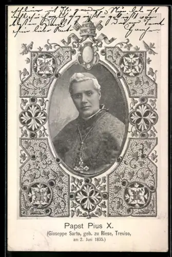 AK Papst Pius X., Portrait umrahmt von Ornamenten