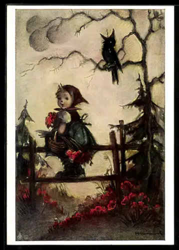 Künstler-AK Hummel: Mädchen mit Blumen im Korb sitzt auf einem Zaun