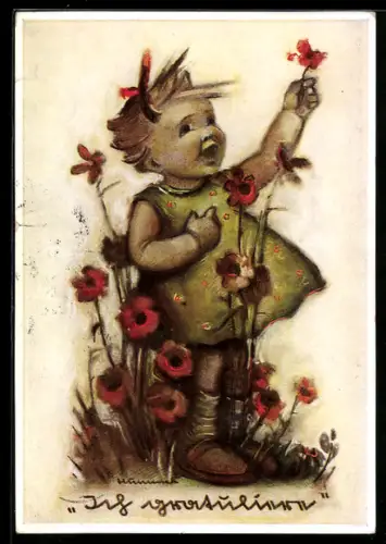 Künstler-AK Hummel: Ich gratuliere, Kind mit Mohnblumen