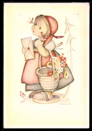 Künstler-AK Hummel: Kind mit Brief, Gratulation