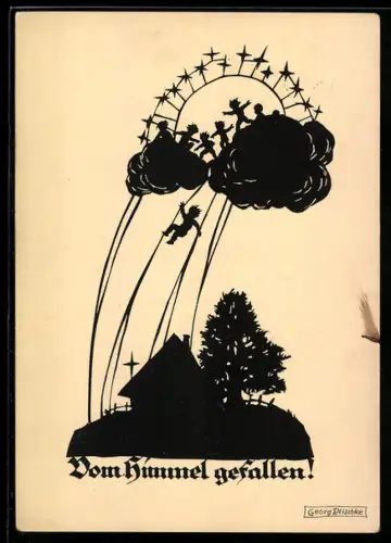 Künstler-AK Georg Plischke: Engel fallen vom Himmel auf ein Haus hinab