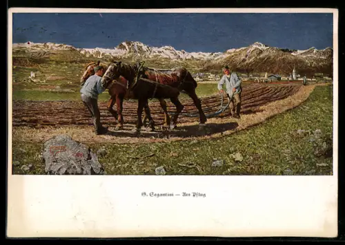 Künstler-AK Giovanni Segantini: Bauern pflügen Acker mit Pferdepflug