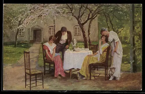 Künstler-AK sign. E. Schneider: Gartengesellschaft im Mai