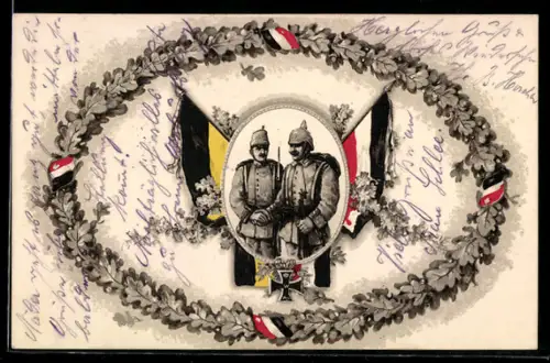 Künstler-AK Eisernes Kreuz, Österreichischer und deutscher Soldat im Eichenkranz mit Fahnen