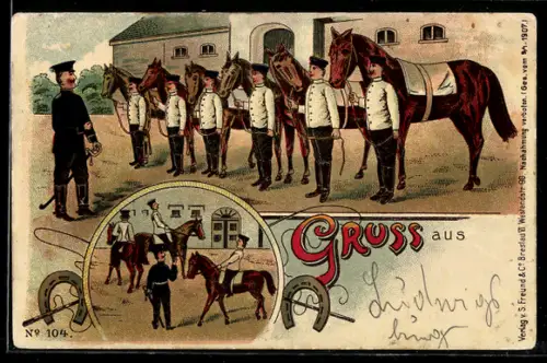 Lithographie Kavallerie-Reiter mit Pferden treten zum Unterricht an
