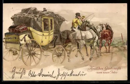 AK Frau unterwegs mit der Postkutsche