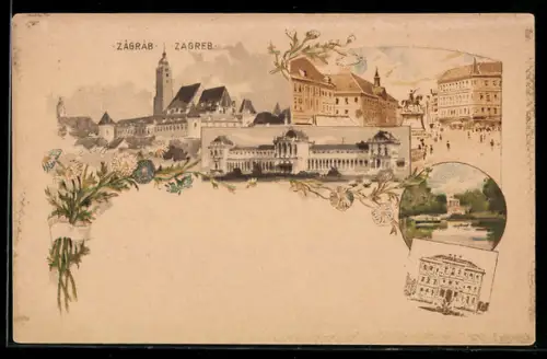 Lithographie Zagreb, Strassenpartie, Teilansicht