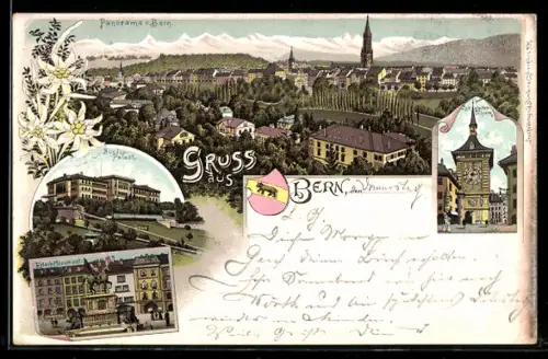 Lithographie Bern, Ortsansicht mit Kirche, Bundespalast, Erlach-Monument und Zeitglockenthurm