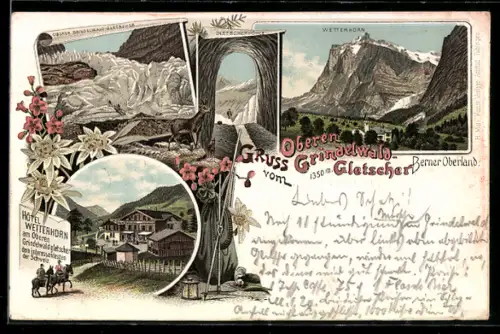 Lithographie Oberer Grindelwaldgletscher, Gletscherhöhle, Wetterhorn
