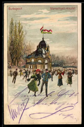 Lithographie Budapest, Varosligeti reszlet, Schlittschuhläufer