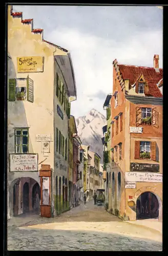 Künstler-AK Meran, Laubengasse mit Zielspitze, Cafe