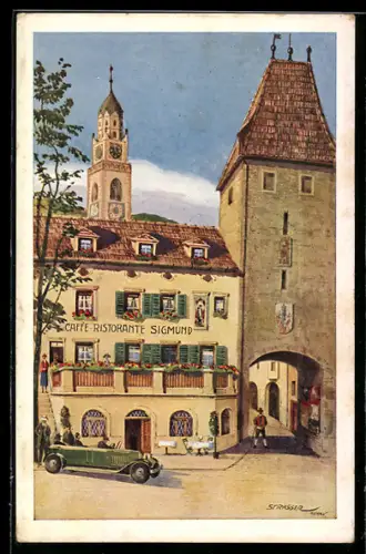 Künstler-AK Merano, Caffè e Ristorante Venezia (Sigmund), Piazza della Rena