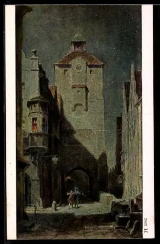Künstler-AK Carl Spitzweg: Heimkehr, Männerduo zieht Nachts durch die Strassen