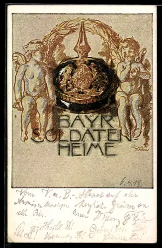 Künstler-AK Pickelhaube mit kleinen Engeln, Bayrische Soldatenheime