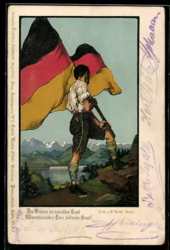 AK Den Brüdern im bedrohten Land..., Bauer mit deutscher Fahne