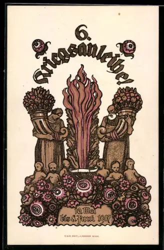 AK 6. Kriegsanleihe 1917, Mann und Frau tragen Füllhörner, Flammenstrahl