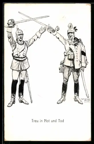 AK Zweibund, Treu in Not und Tod, Deutscher und Österreicher kreuzen Säbel