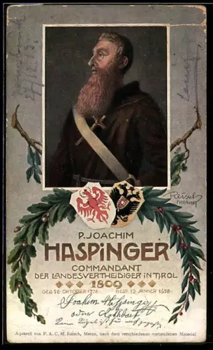 Künstler-AK F.A.C.M. Reisch: P. Joachim Haspinger, Kommandant der Landesverteidiger in Tirol