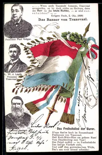AK Das Banner von Transvaal, Portraits von Paul Krüger, Dr. W. J. Leyds, General Joubert, Freiheitslied der Buren