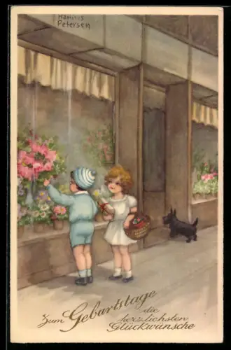 Künstler-AK Hannes Petersen: Junge und Mädchen mit Geschenkkorb vor Schaufenster eines Blumengeschäftes