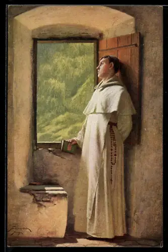 Künstler-AK Th. von Cederström: Ein Sonnenstrahl, Mönch steht am Fenster seiner Zelle
