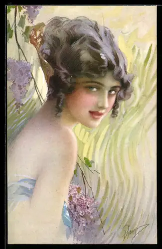 Künstler-AK G.Guerzoni: junge Schwarzhaarige mit goldenem Kopfschmuck