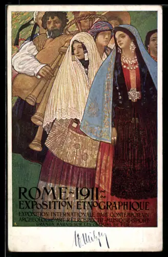 Künstler-AK Roma, Esposizione Etnografica, Trachten und Dudelsackspieler, Ausstellung