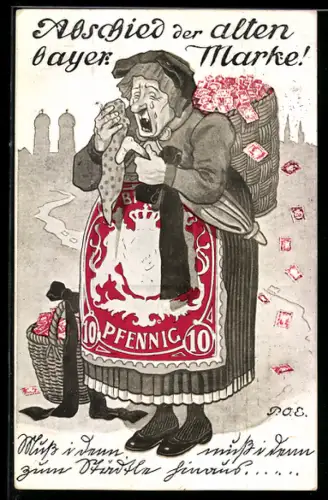 Künstler-AK P. O. Engelhard (P.O.E.): Abschied der alten bayerischen Briefmarke