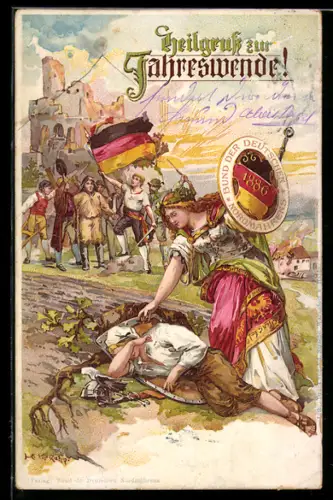 Künstler-AK Hans Kaufmann: Germanen im Kampf, Bund der Deutschen in Nordmährens, Germanenkult