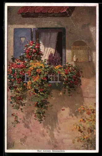 Künstler-AK Wohlgemuth & Lissner, Primus-Postkarte No.1130: Offenes Fenster mit Blumenschmuck
