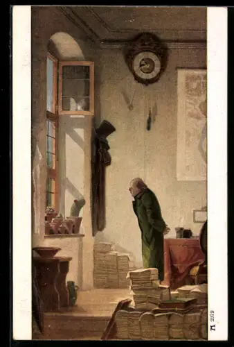 Künstler-AK Carl Spitzweg: Mann erfreut sich seiner Kakteen am Fenster