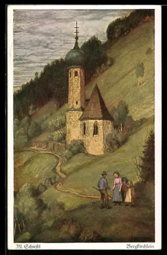 Künstler-AK Matthäus Schiestl: Landarbeiter am Bergkirchlein