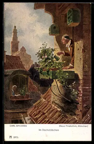 Künstler-AK Carl Spitzweg: Im Dachstübchen, Mann giesst seine Pflanzen vor dem Fenster