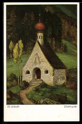 Künstler-AK Matthäus Schiestl: Waldkapelle, kleines Mädchen vor der Kirchentür