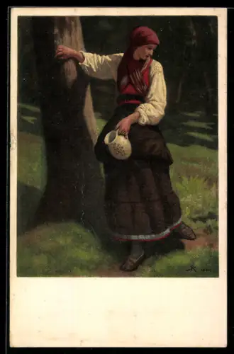 AK Änni am Brunnen, junge Frau in schweizer Tracht mit einem Krug in der Hand
