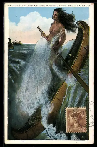 AK Niagara Fälle, Eine nackte Indianer-Frau fällt mit ihrem Kanu den Wasserfall hinunter